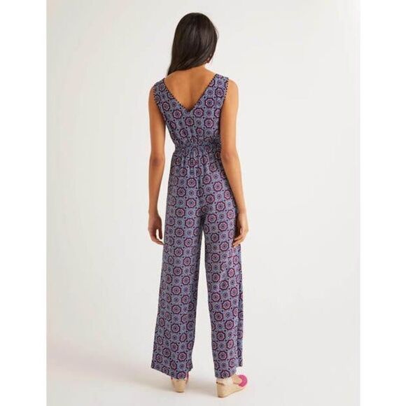 Boden Elisa Pompom Trim Jumpsuit Bold Blue Sun Tile Medallion Print Size 8 - Picture 3 of 15